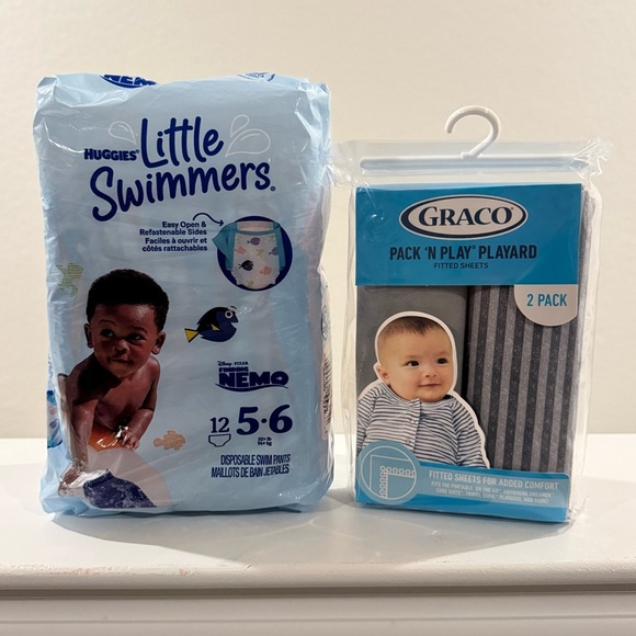 Huggies Other - PACK Huggies Little Swimmers Disposable Size 5-6 & Graco Pack 'N Play Sheets.